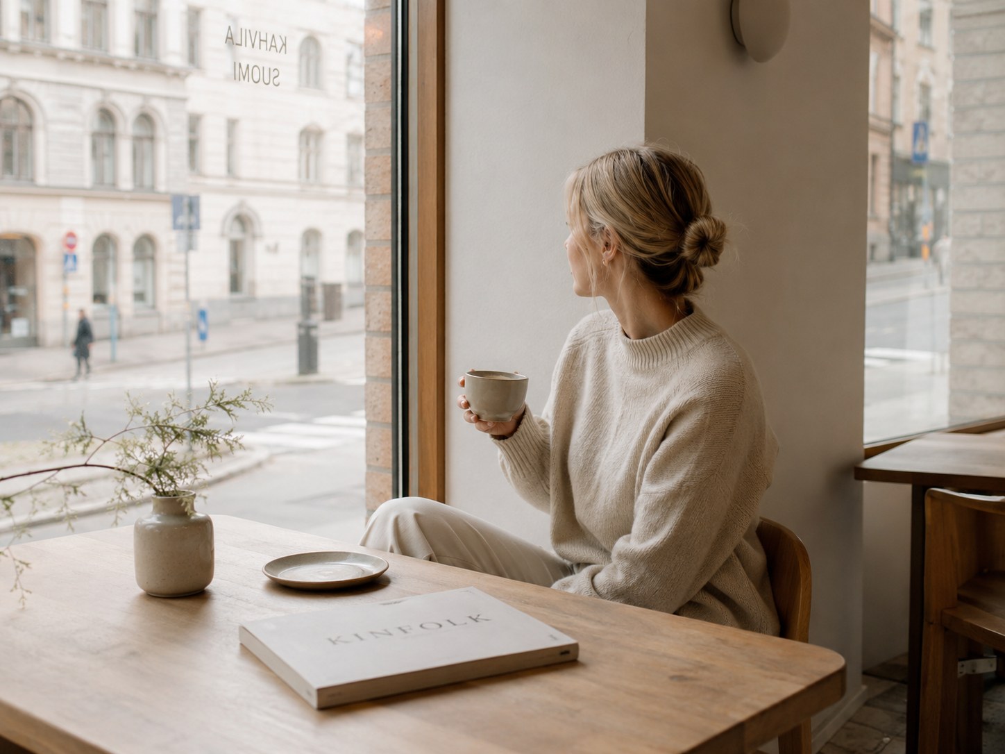 Woman sitting in a Helsinki cafe with coffee, natural light and city view