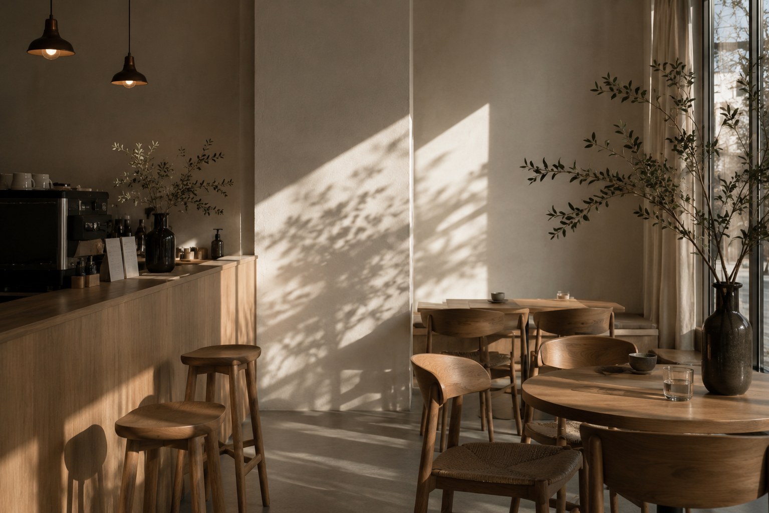 Warm minimalist cafe interior with wood, plaster and soft shadows