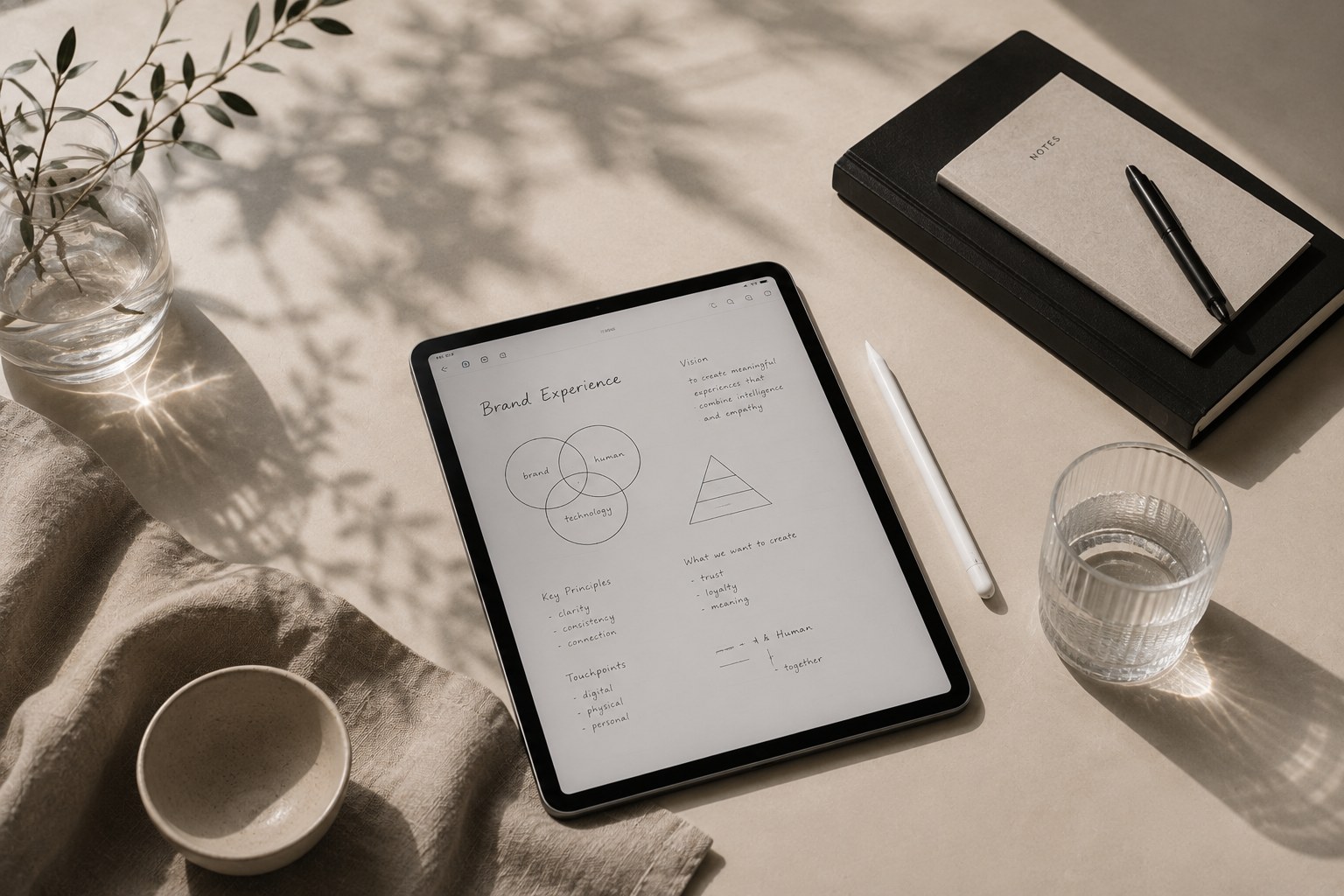 Tablet, stylus and handwritten notes on a calm neutral workspace