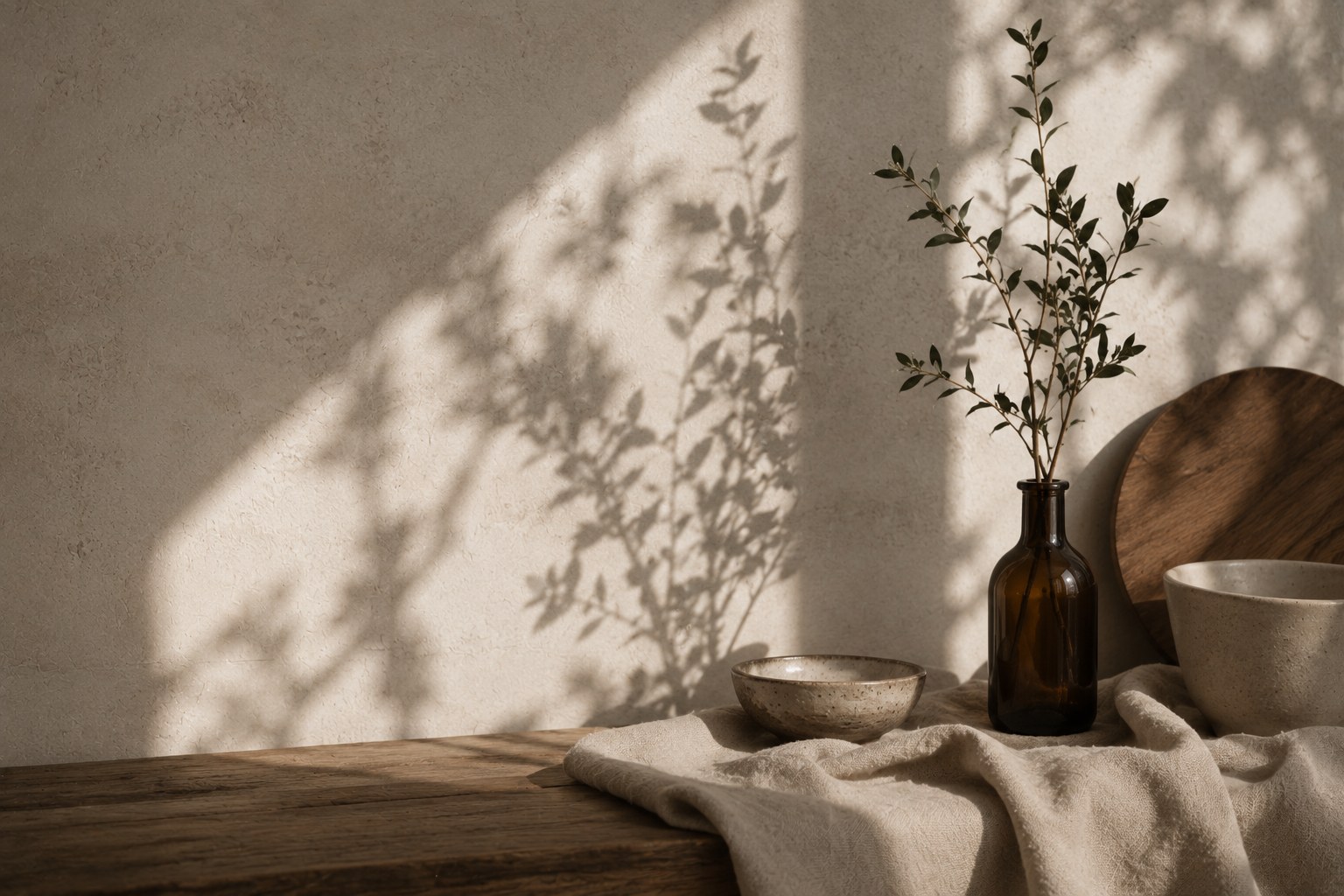 Plant shadows on a neutral plaster wall with natural materials