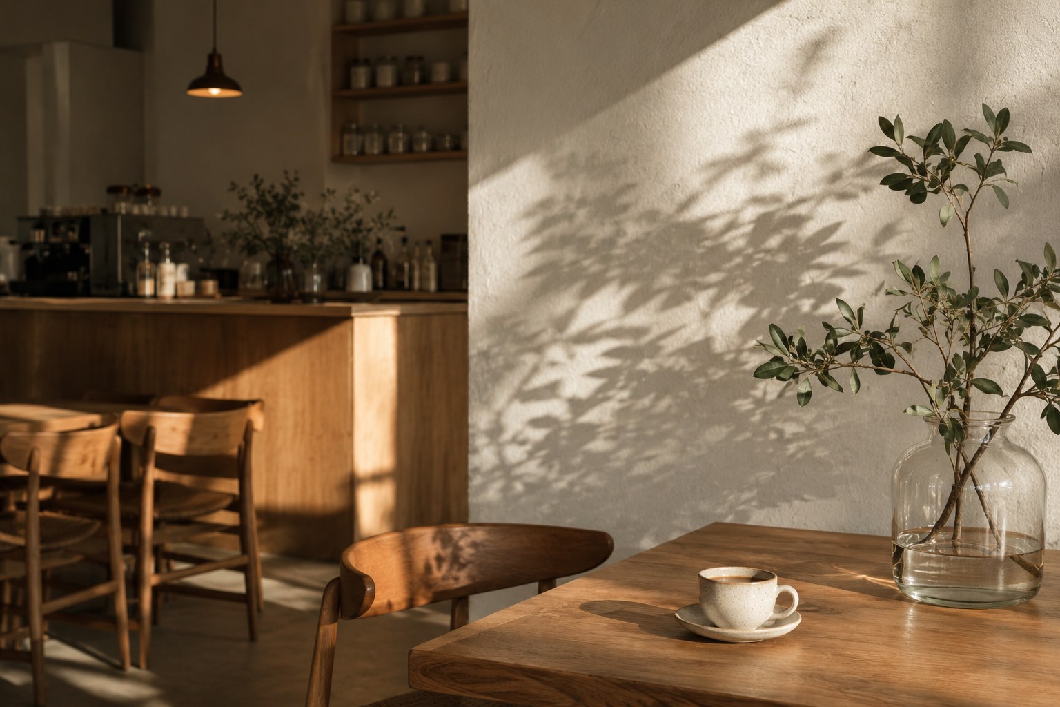 Cafe detail with ceramic cup and plant shadow