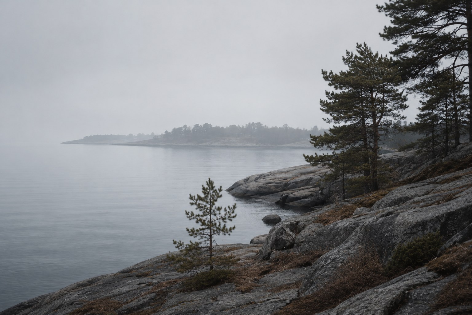Misty Nordic shoreline with rocks, pines and quiet sea