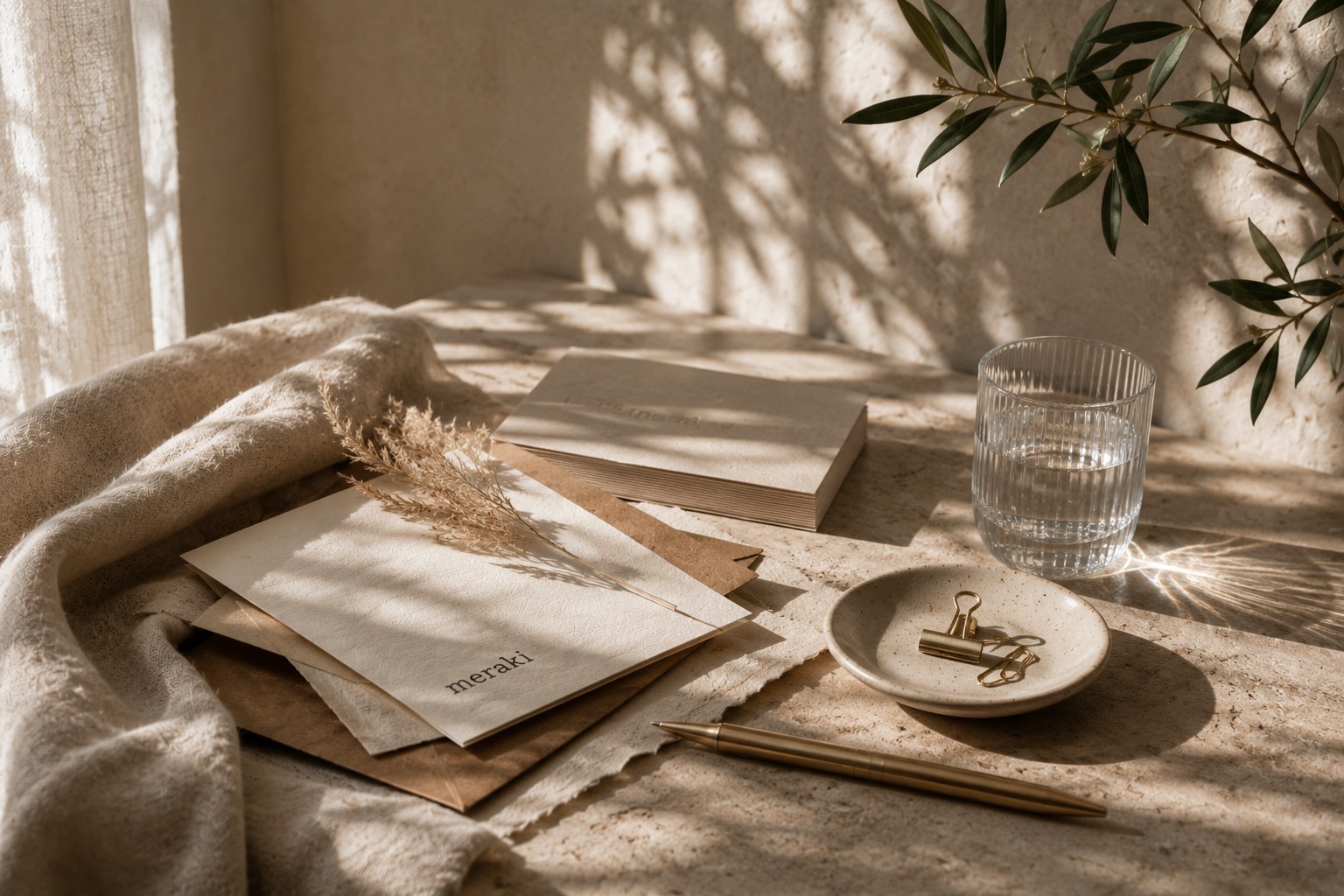 Paper, linen, glass and ceramic details in soft sunlight
