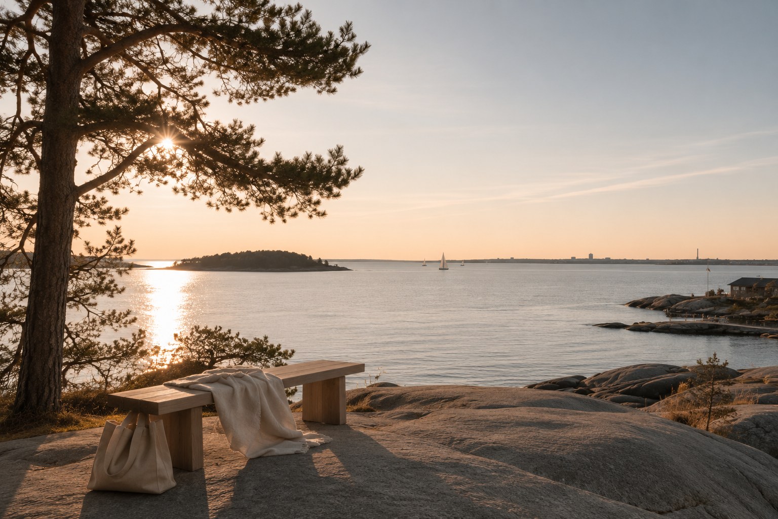 Helsinki sea at sunset with pine and rocks