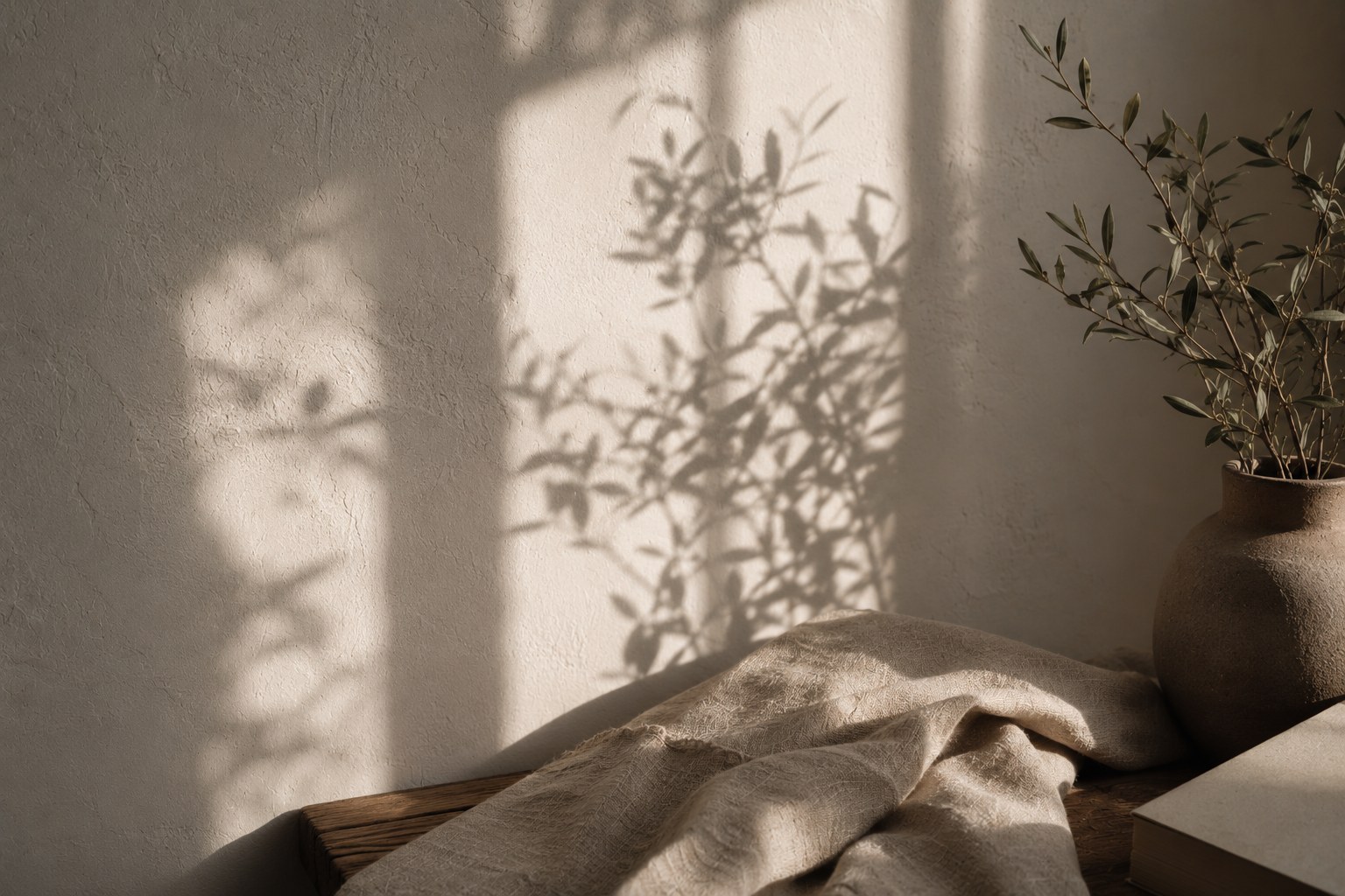 Light and plant shadows on a textured neutral wall
